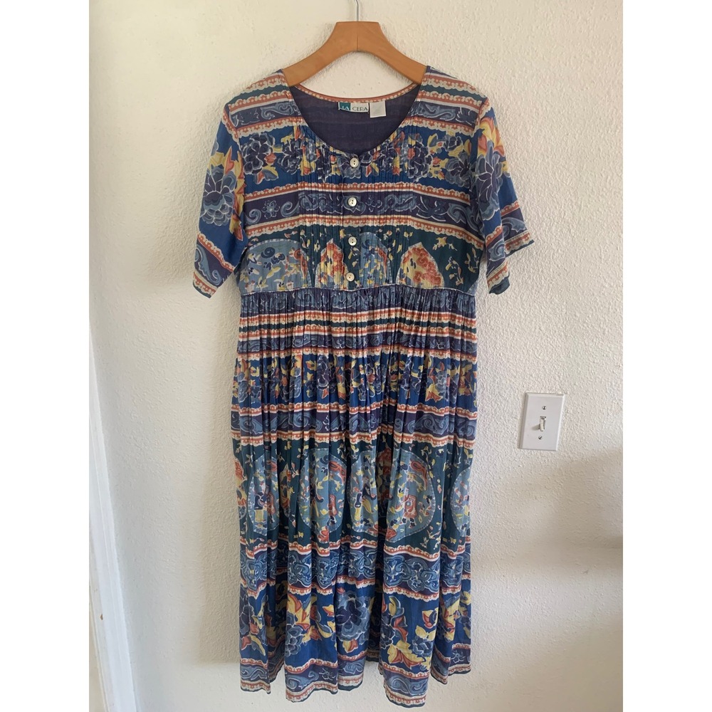 La Cera Blue Floral Paisley Cotton Midi Dress Pintuck Boho Short Sleeve Small